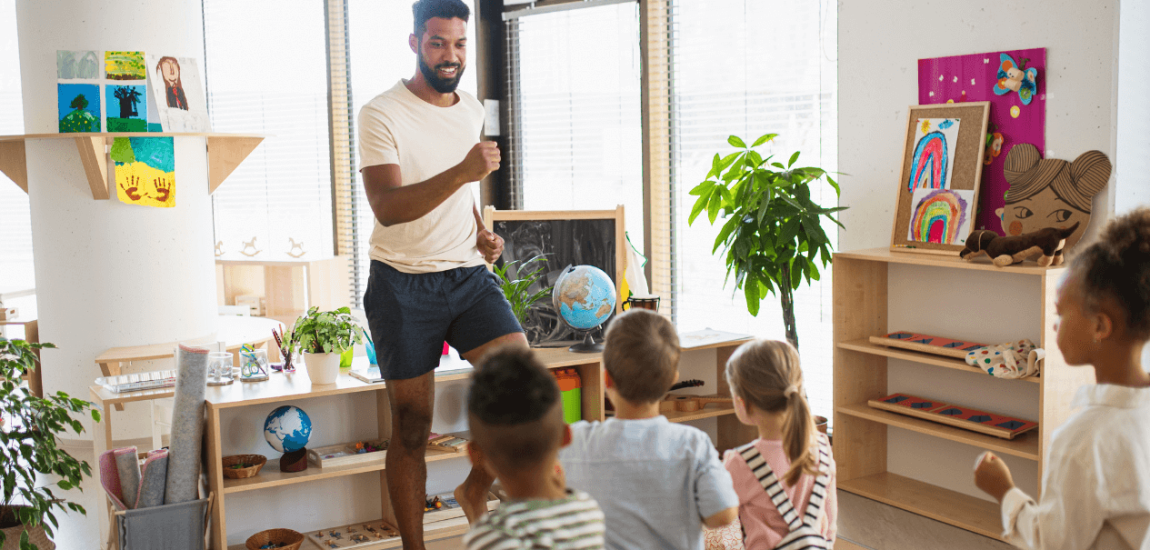 Child & dependent care professional teaching a group of pre-kindergarten children